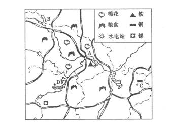 读长江中游某地区域图，分析回答。A__________（城市)；B__________水电站；C__