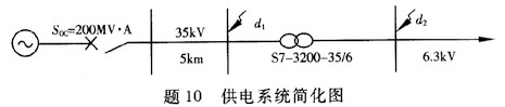 供电系统如下图所示，求35kV及6kV母线上三相短路电流。（变压器型号为S7－3200－ 35／6，