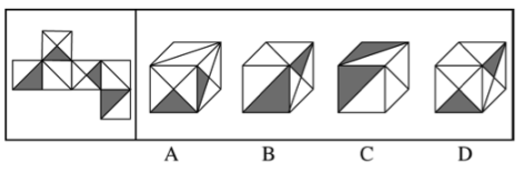 左边给定的是正方体的外表面展开图，下面哪一项能由它折叠而成？A.B.C.D.左边给定的是正方体的外表
