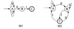 下图所示为两个有限自动机M1和M2(A是初态、C是终态)，(48)。