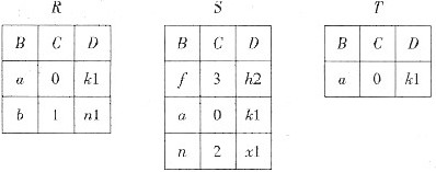 有3个关系R、S和T如下图所示。过运算得到关系T，则所使用的运算为（)。A．并B．自然连接C．笛卡儿