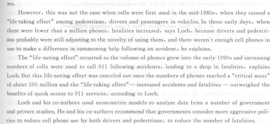 根据以下资料，回答{TSE}题。 Cell Phones Increase Traffic，Pede