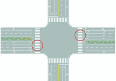 图中圈内的路面标记是什么标线？ A. 人行横道线B. 减速让行线C. 停车让行线D. 路口示意线图中