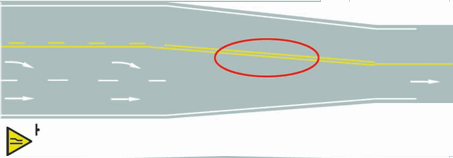 路面上的黄色标线是何含义？ A. 路面宽度渐变标线B. 车行道变多标线C. 接近障碍物标线D. 施工