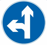 这个标志是何含义？ A. 直行和向右转弯B. 直行和向左转弯C. 禁止直行和向左转弯D. 只准向右和