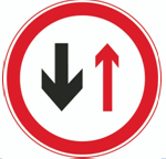 这个标志是何含义？ A. 会车时停车让右侧车先行B. 右侧道路禁止车通行C. 前方是双向通行路段D.