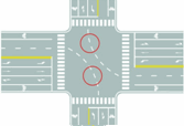 图中圈内白色虚线是什么标线？ A. 小型车转弯线B. 车道连接线C. 非机动车引导线D. 路口导向线