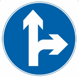 这个标志是何含义？ A. 直行和向左转弯B. 直行和向右转弯C. 禁止直行和向右转弯D. 只准向左和