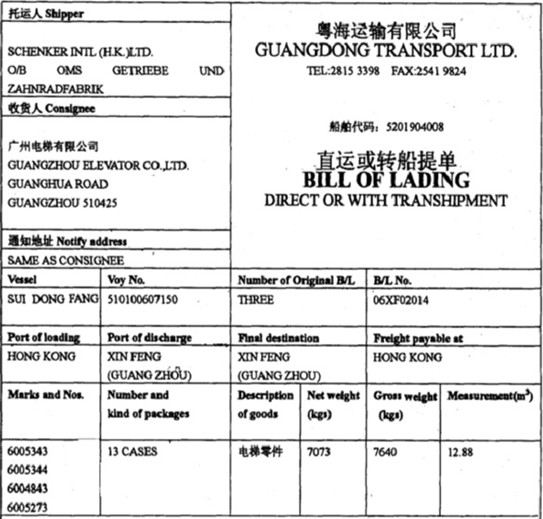 广州粤梯有限公司（440193 XXXX）持C51066000Q19号加工贸易手册向海关申报进口电梯