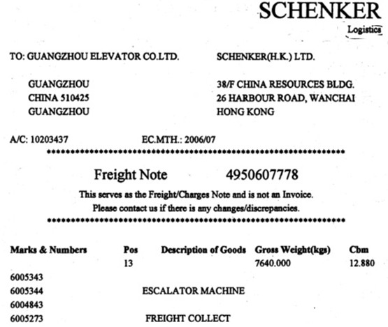 广州粤梯有限公司（440193 XXXX）持C51066000Q19号加工贸易手册向海关申报进口电梯