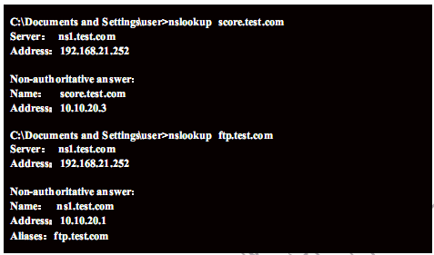 ● 下图是在 Windows 客户端 DOS 窗口中使用 nslookup 命令后的结果，该客户端的