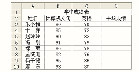● Excel 学生成绩表如下表所示，若要计算表中每个学生计算机文化和英语课的平均成绩，那么，可通过