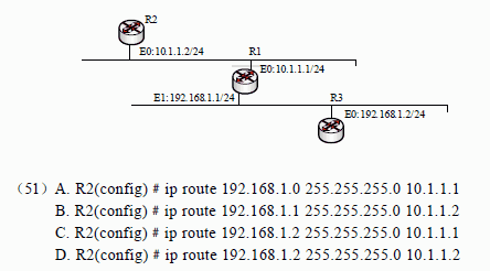 3 台路由器的连接与IP 地址分配如下图所示，在R2 中配置到达子网192.168.1.0／24的静