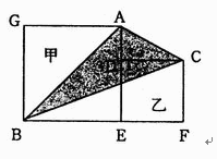 右图中的甲和乙都是正方形，BE＝6厘米，EF＝4厘米。 那么，阴影部分ABC的面积是多少平方厘米？（
