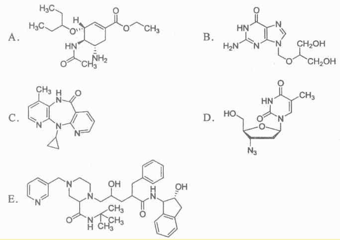 神经氨酸酶抑制剂奥司他韦的化学结构是 111．蛋白酶抑制剂茚地那韦的化学结构是 112．非核苷类逆转