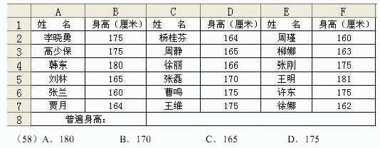 ● 在 Excel的 C8 单元格中输入公式“=MODE（B2:B7,D2:D7,F2:F7)” ，