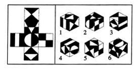 下图左为一展开的平面图形，下图右给出的6个立方体中，不能由该平面图形折叠而成的有（)。下图左为一展开