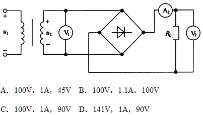电路如图所示，二极管为理想元件，已知u2= ，RL=90Ω（电流表的内阻视为零，电压表的内阻视为无穷