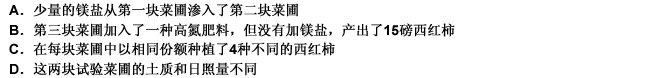 在两块试验菜圃里每块种上相同数量的西红柿苗。给第一块菜圃加入镁盐但不给第二块加，第一块菜圃产出了20