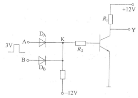 电路如图所示，A、B端输入信号均为方波，DA、DB是理想二极管，当K点电位等于3V时，三极管饱和导通