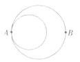 下图两个网内切于A点，大圆直径48米，小圆直径30米，两个人同时从A点出发。以相同的速度在两圆上逆时