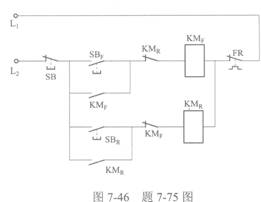 如圖7—46所示為三相異步電動機正反轉(zhuǎn)電路中的控制電路。控制正轉(zhuǎn)和控制反轉(zhuǎn)的支路中分別串接了KMR、