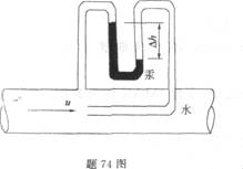 用图示的毕托管测水管中某点流速u，与毕托管相连的水银压差计液面高差△h=1mHg，则该点流速u为： 