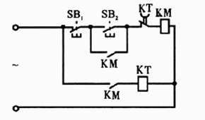 在图所示的控制电路中，SB是按钮，KM是接触器，KT是时间继电器。在按动SB2后的控制作用是（)。（