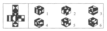 下图为一展开的平面图形，下图右给出的6个立方体中，不能由左边平面图形折叠而成的有（）请帮忙给出正确答