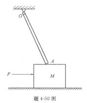 已知杆OA重力W，物块M重力Q，杆与物块间有摩擦。而物体与地面间的摩擦略去不计。当水平力P增大而物块