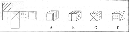左边给定的是纸盒的外表面，下面哪一项不能由它折叠而成？  