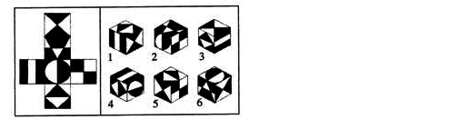 下图左为一个展开的平面图形，下图右给出6个立方体中，不能由该平面图形折叠而成的有（）。