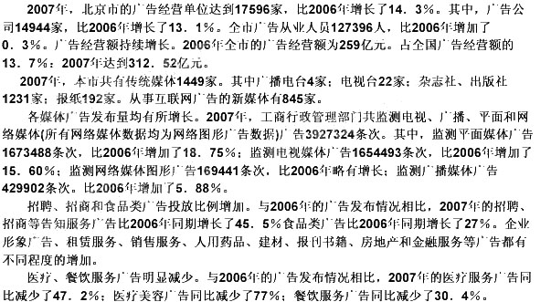 根据以下资料。回答 129～128 题。 第 129 题 2007年北京市平均每个广告经营单位的从业