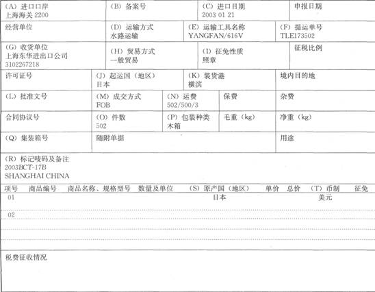 中华人民共和国海关进口货物报关单 预录入编号： 海关编号：   上海东华进出口公司进口一批由香港某贸