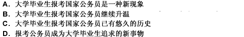 大学毕业生大规模报考国家公务员是近几年来出现的新现象。据了解，今年这种趋向在往年已较热的基础上，又出