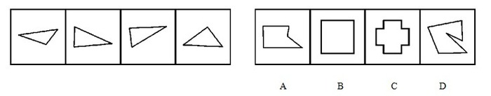 右边的四个图形中，只有一个是由左边的四个图形拼合而成的，请把它找出来。A. A B. B C. C 