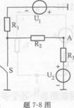 如图所示电路中，已知：U1=U2=12V，R1=R2=4kΩ，R3=16kΩ。S断开后A点电位uA0