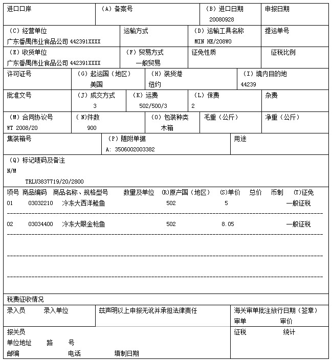 查找报关单填制错误（一） 下列报关单中有20个已填栏目（A－T），请指出其中5处填制错误的地方。 广