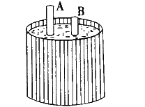 如图，A、B两根铁棒直立于桶底水平的木桶中，在桶中加入水后，A露出水面的长度是它的1／3，B如图，A