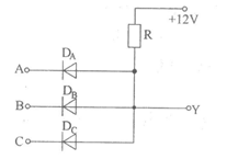 图为三个二极管和电阻R组成一个基本逻辑门电路，输入二极管的高电平和低电平分别是3V和0V，电路的逻辑