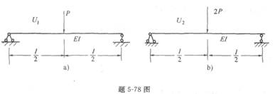 如图所示两梁中的弹性变形能分别为U1和U2，则二者的关系是： A．U2=2U1 B．U2=4U1 C