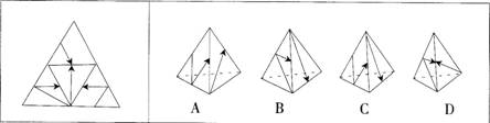 给定的是一个立体图形的外表面，下列哪一项能由它折叠而成？  