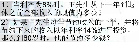 王先生今年50岁，他下一年的收入为40000美元。他个人认为他的收入在他60岁退休以前将以10%的年
