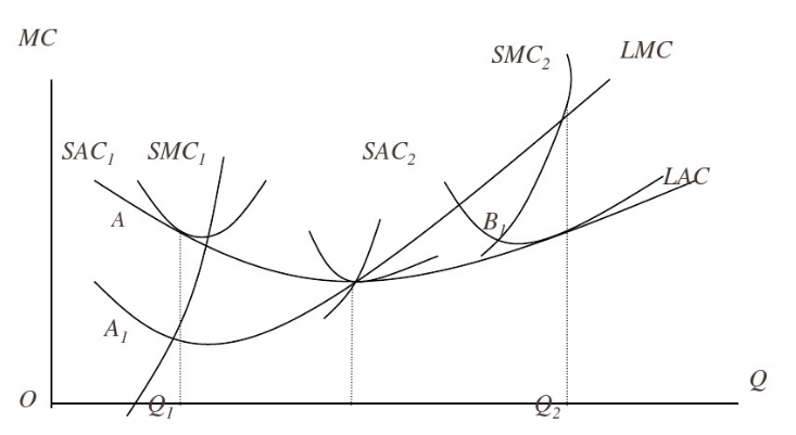 下面是一张某厂商的LAC曲线和LMC曲线图（见下图)。    请分别在Q1和Q2的产量上画出代表最优