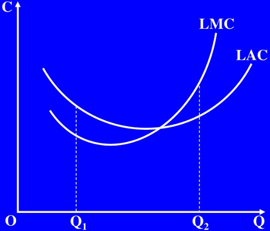 图5.2所示是某厂商的LAC曲线和LMC曲线图。    请分别在Q1和Q2的产量上画出代表最优生产规