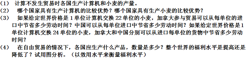 表2.3列出了加拿大和中国生产一单位计算机和一单位小麦所需的劳动时间。假定生产计算机和小麦都只用劳动