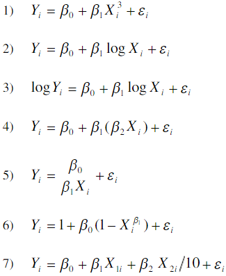 观察下列方程并判断其变量是否呈线性？系数是否呈线性？或都是？或都不是？  （1)  （2)Yi=β0