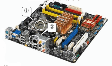 ● 下图所示的微机主板的①处是 （7） 插槽，②处是 （8） 接口。（7） A. CPU B. PC