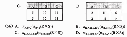 ● 关系 R、S 如下图所示，关系代数表达式 ))S R （（5 2 6,5,1 × = σ π =