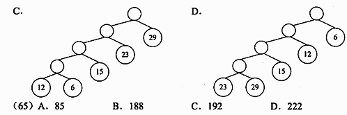 ● 由权值为 29、12、15、6、23 的五个叶子结点构造的哈夫曼树为（64)，其带权路径长度为 